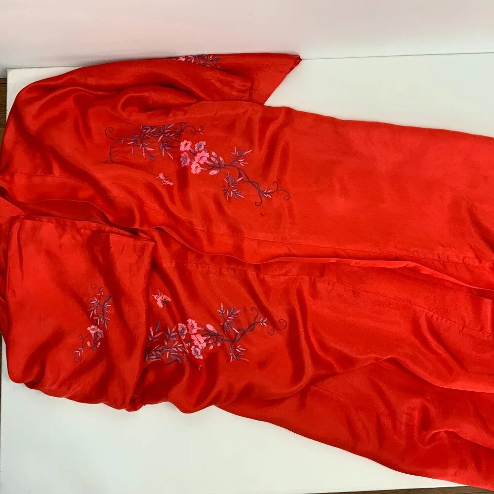Vintage 50s - 60s Silk Layered Red Embroidered Kimono Robe Sz M - Picture 12 of 16
